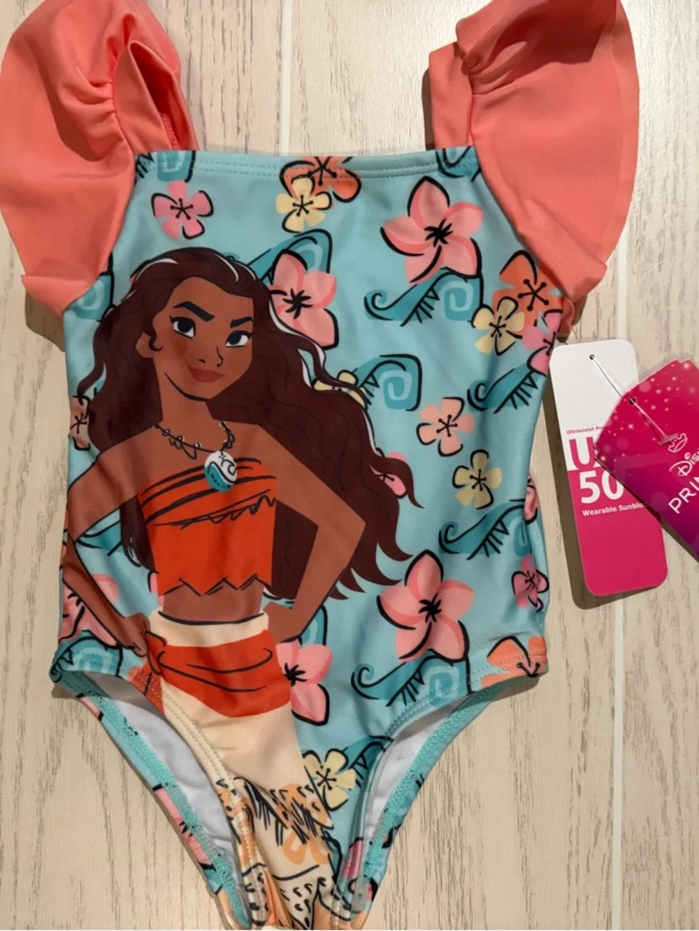Disney‎ Princess Moana Swimsuit 12M Baby Girl Blue Floral UPF 50 NWT